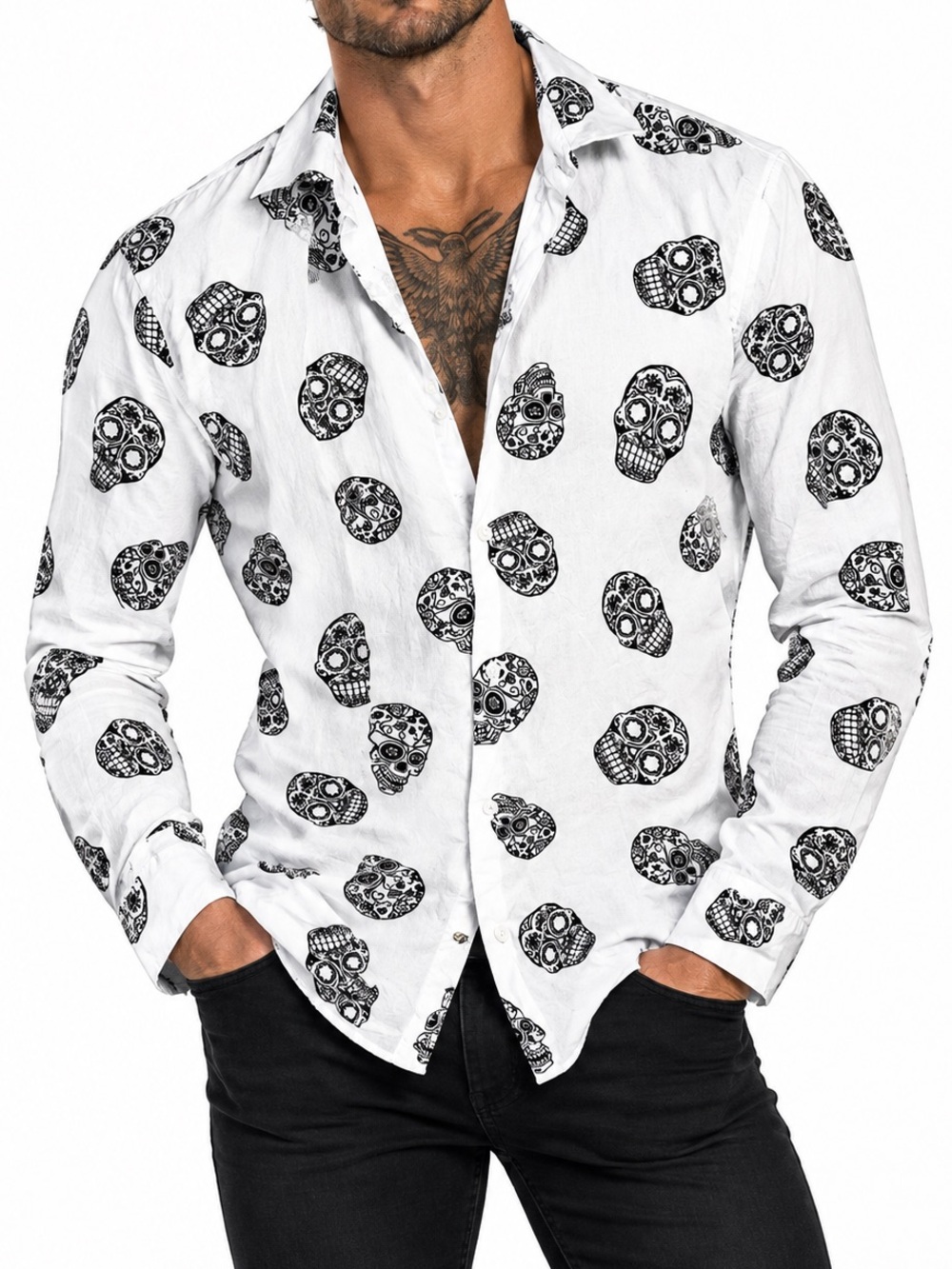 Zara Dress Shirt Mens Small Slim Fit Sugar Skull White Black Rare Whimsigoth
